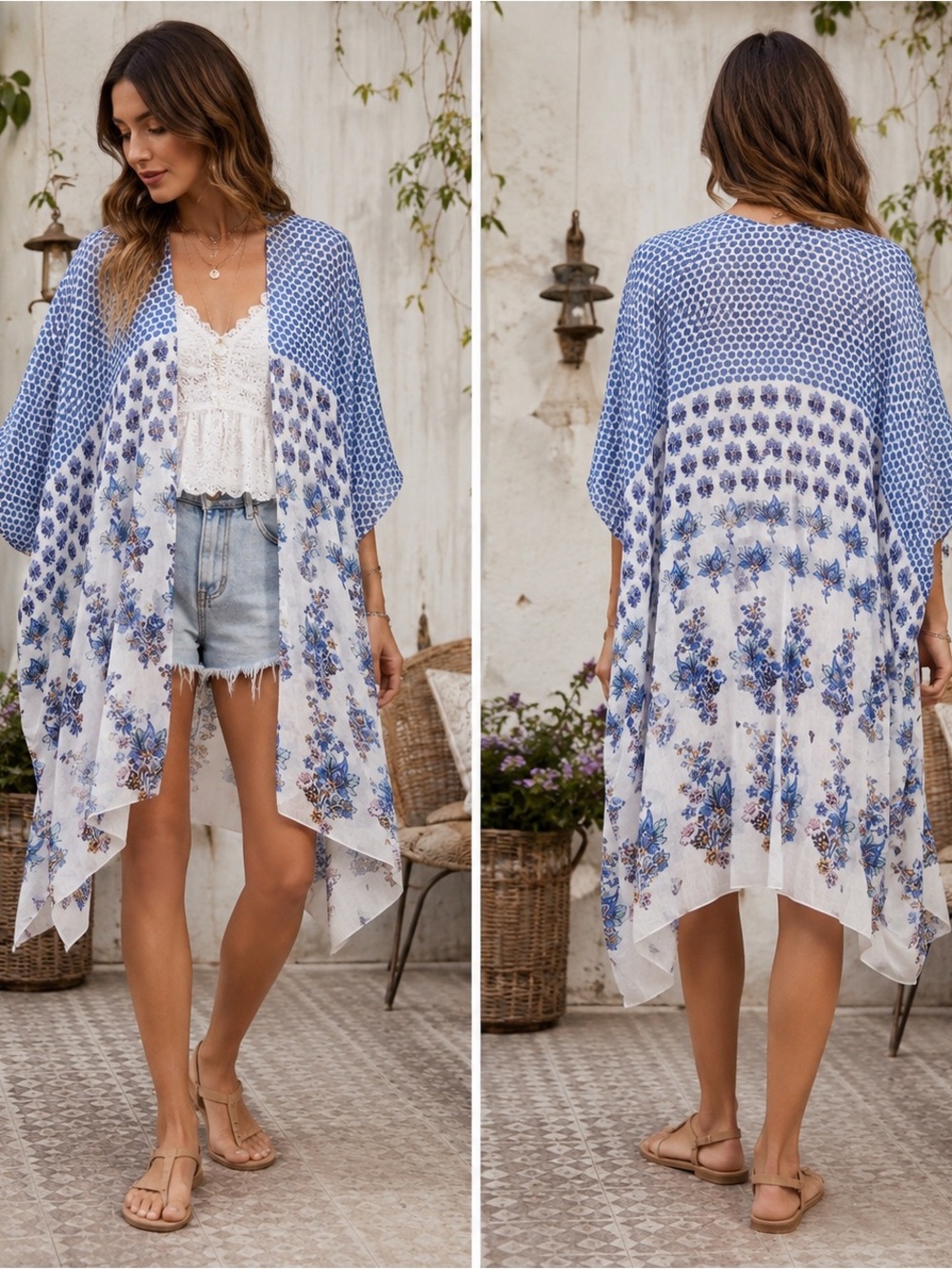 Lane Bryant Blue Floral Boho Kimono Duster Cover Up With Metallic Thread OS